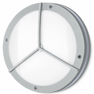 Round grey LED bulkhead light with a clear cover and three-section design, suitable for outdoor use.