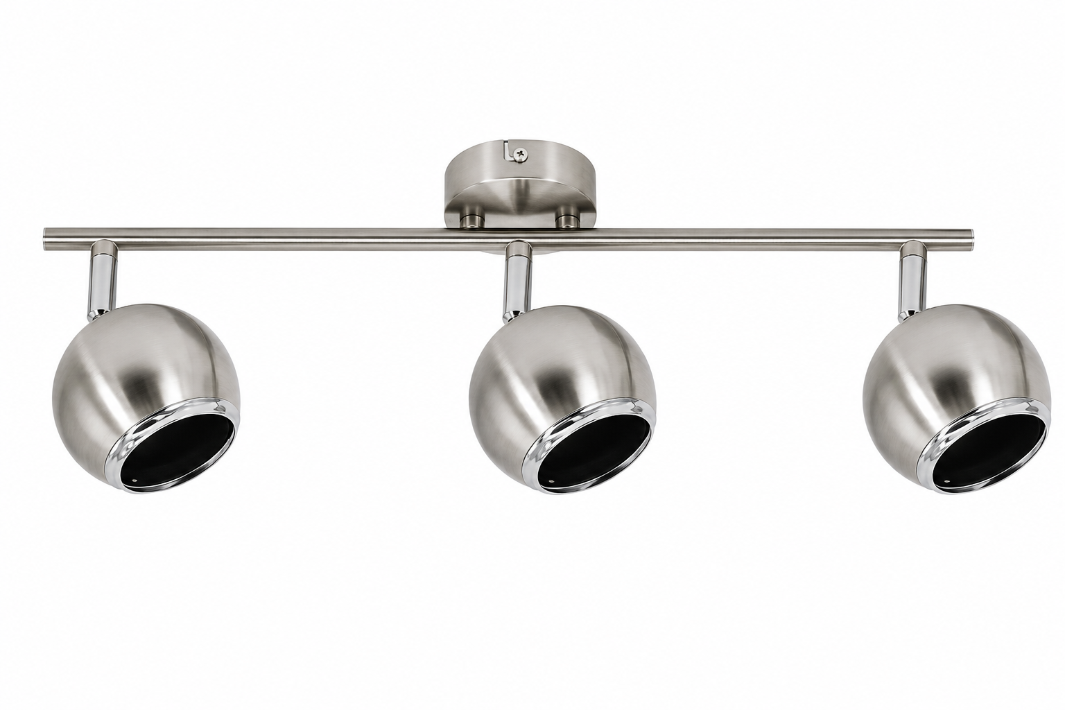 Silver track light fixture with three cylindrical lights on a white background