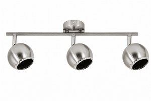 Silver track light fixture with three cylindrical lights on a white background