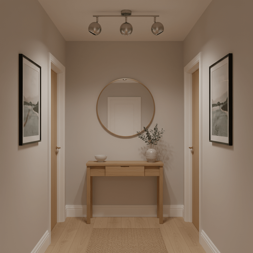 Modern 3-light GU10 ceiling spotlight fitting installed in a stylish hallway with wooden console table.