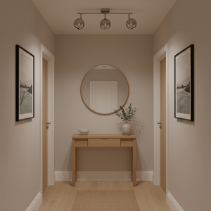 Modern 3-light GU10 ceiling spotlight fitting installed in a stylish hallway with wooden console table.