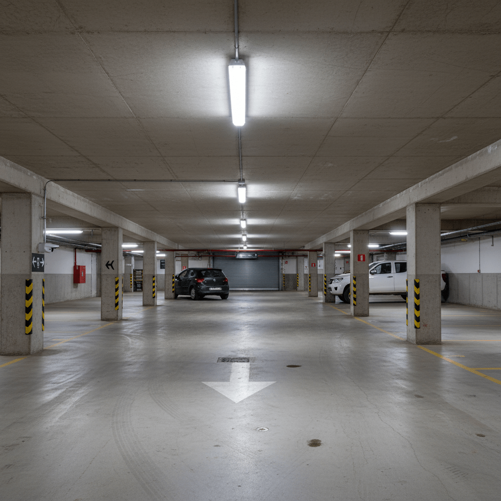 LED garage ceiling lighting in a South African home garage, bright Cool White light over workbench and storage shelves, realistic 800x800 composition with concrete floor and organised tools