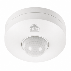 Ceiling-mounted white occupancy sensor with a frosted lens, designed for 360° motion detection.