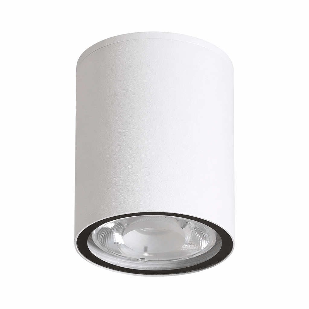 White cylindrical ceiling light fixture on a white background
