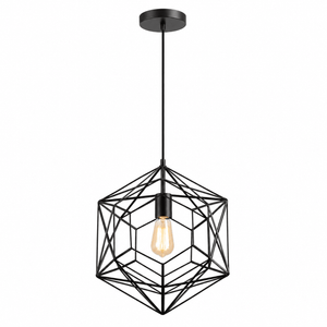 Black metal pendant light with geometric design and E27 bulb socket, suspended from a ceiling mount.