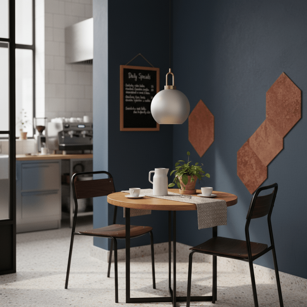Smoke-grey pendant light with antique brass detailing above a round wooden dining table in a modern kitchen setting.