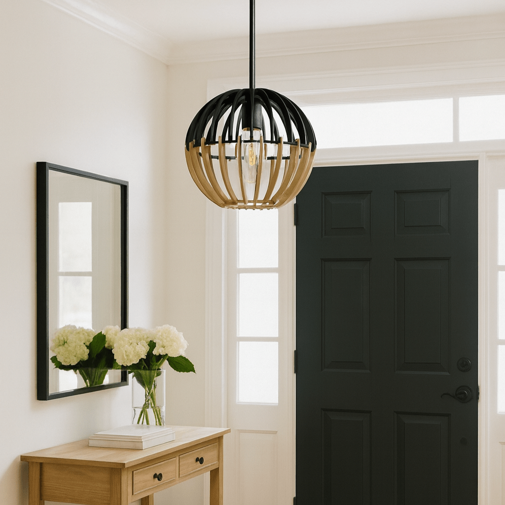 Foyer with wooden console table, black door, and pendant light fixture.