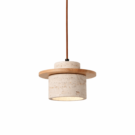Pendant light with wooden and terracotta design on a white background