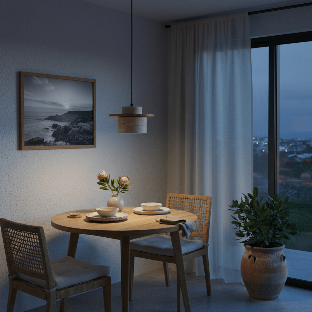Pendant light with oak and travertine design above a dining table set for two, near a window with a night view.