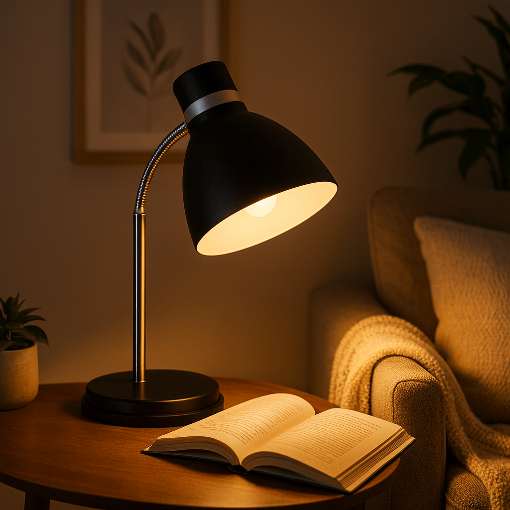 Gooseneck black metal desk lamp illuminating an open book on a wooden table, cozy living room setting.