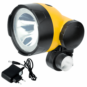 LED rechargeable bicycle light with a focused beam, mounted on a bike handlebar, includes a charging cable.