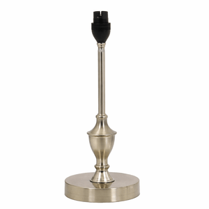 Satin chrome table lamp with a sleek design and a round base, showcasing modern elegance.