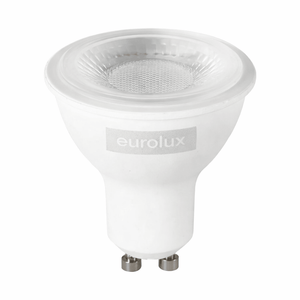 Dimmable 6.5W GU10 LED downlight with a white body and textured lens, showcasing the Eurolux brand.