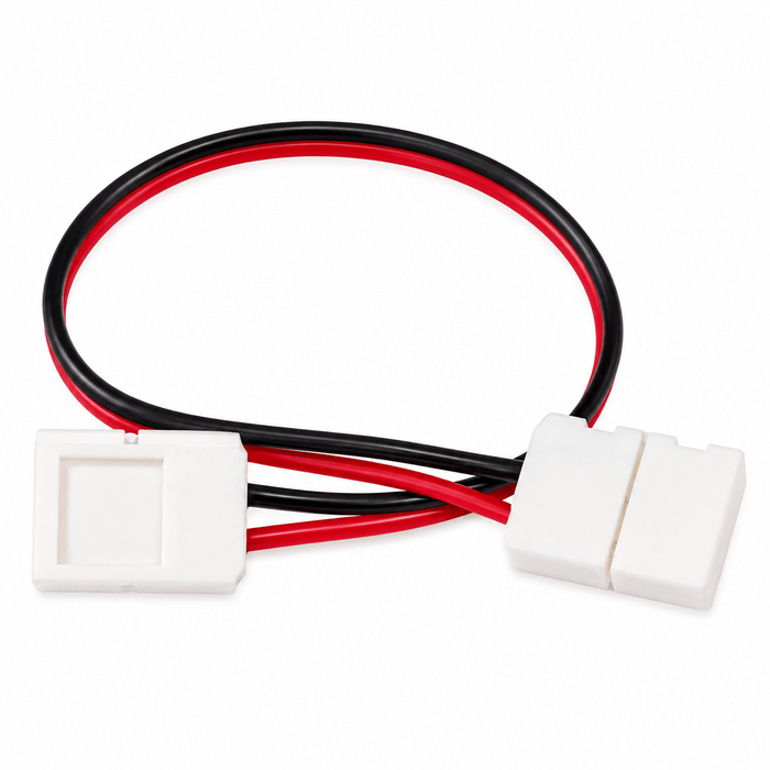 Solderless LED strip light connectors with red and black wires for 12V single-colour strips.