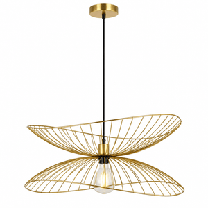 Satin gold twin pendant light with fan-inspired mesh shade, suspended from a ceiling mount.