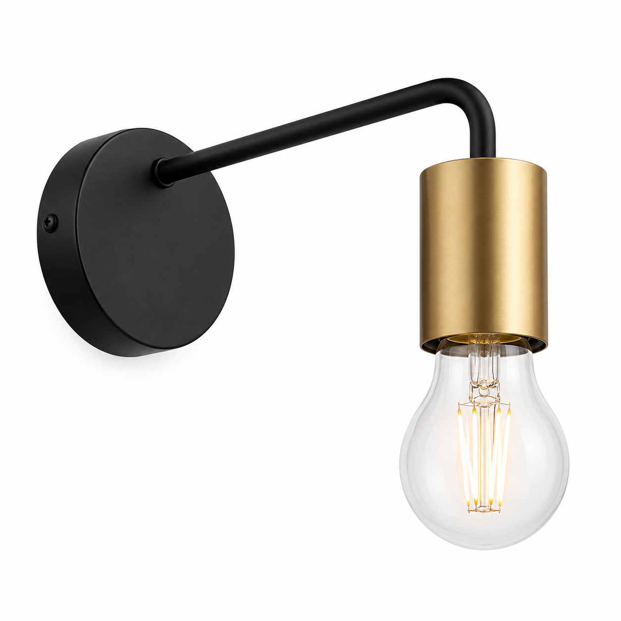 Wall-mounted light fixture with black arm and gold cylindrical shade on a white background