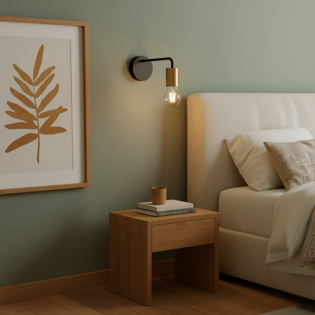 Traverse Indoor Wall Lamp mounted beside a bed, casting warm light on a wooden nightstand with decor.
