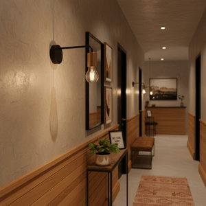 Traverse Indoor Wall Lamp mounted in a stylish hallway, casting warm light and creating a cozy atmosphere.