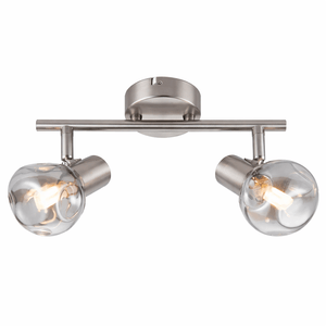 Sleek two-light spotlight in satin chrome finish with smoke glass shades, mounted on a ceiling.