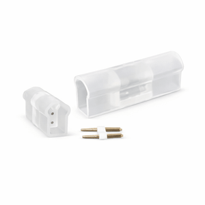 Set of 220V LED Neon Flex straight connectors with two connectors and metal pins for secure inline connections.