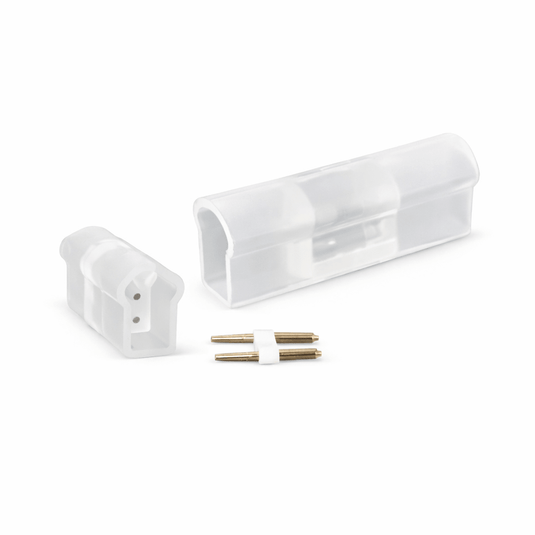 Set of 220V LED Neon Flex straight connectors with two connectors and metal pins for secure inline connections.