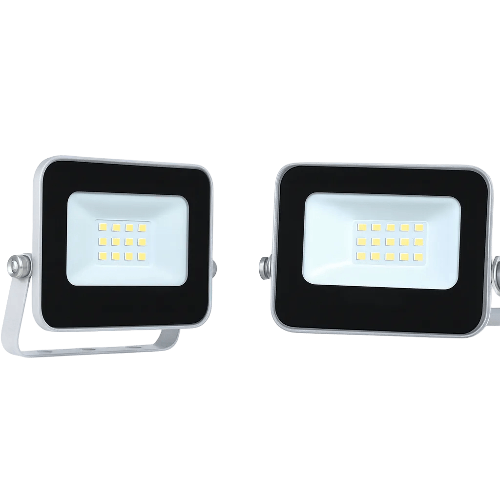 Two mini LED flood lights with a black frame and white lens, mounted on adjustable silver brackets.