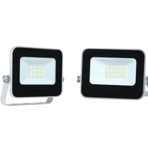 Two mini LED flood lights with a black frame and white lens, mounted on adjustable silver brackets.