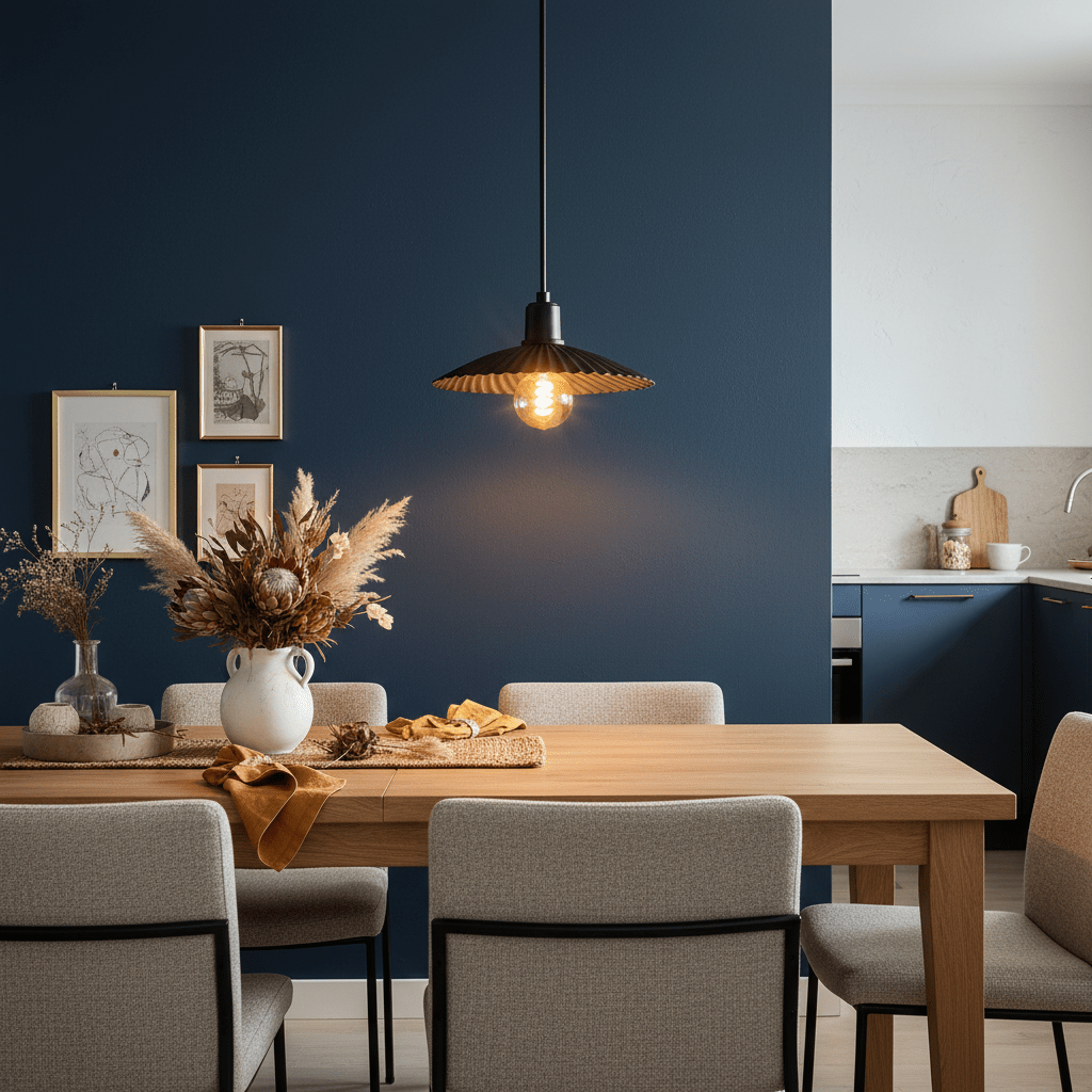 Golden Shell Pendant light hanging above a wooden dining table with decorative vase and kitchen in the background.