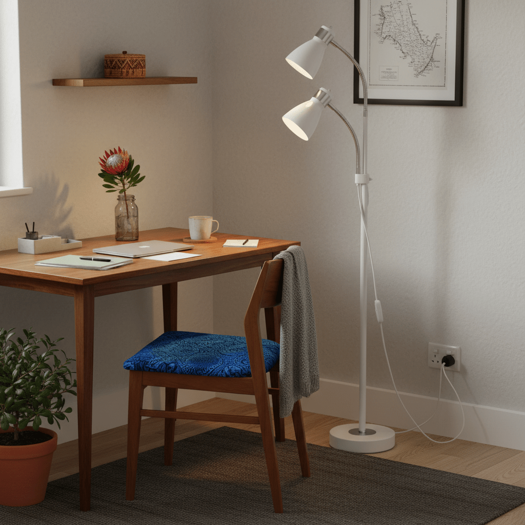White & Chrome Floor Lamp with Gooseneck Arms