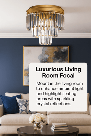Satin gold flush ceiling light with clear crystal drops above a sofa in a living room scene.