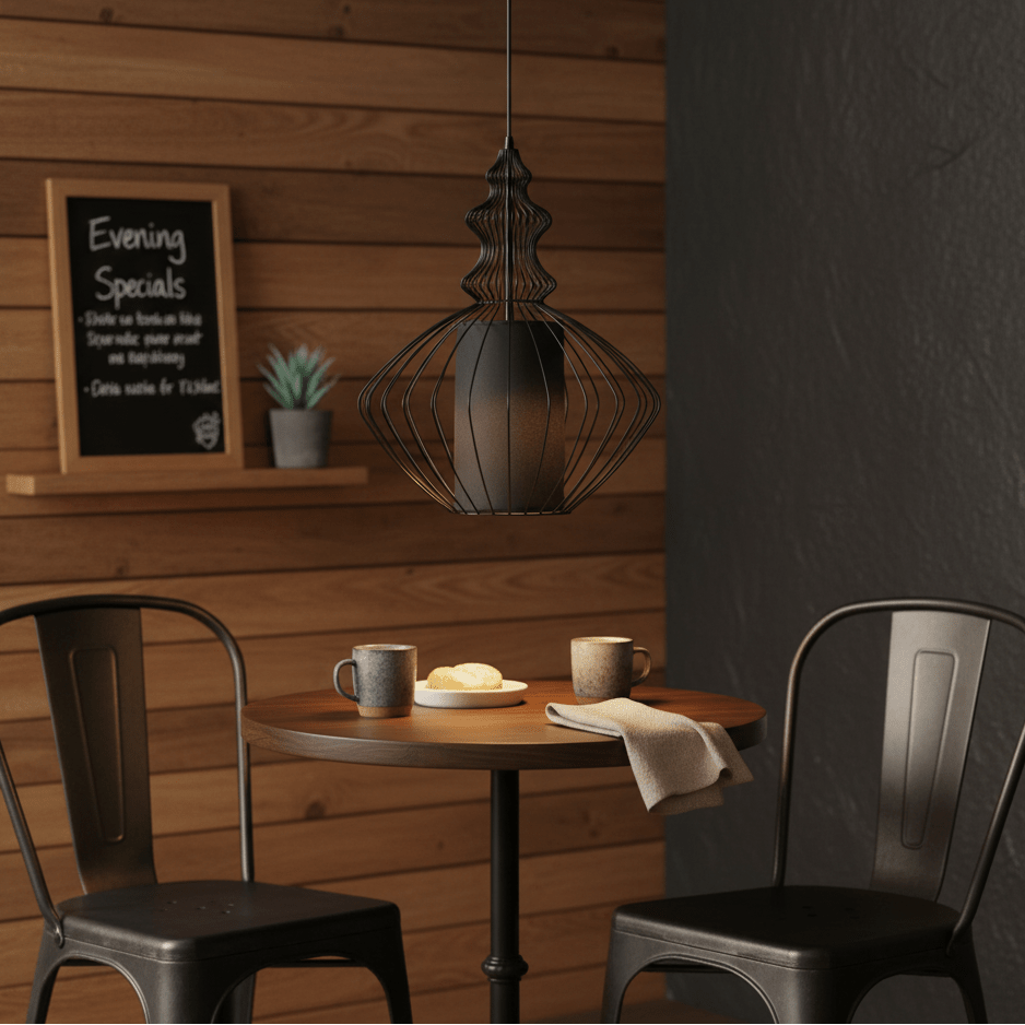 Tokyo 2 Black Wire Frame Pendant light hanging above a small wooden table with two chairs, featuring coffee mugs and a