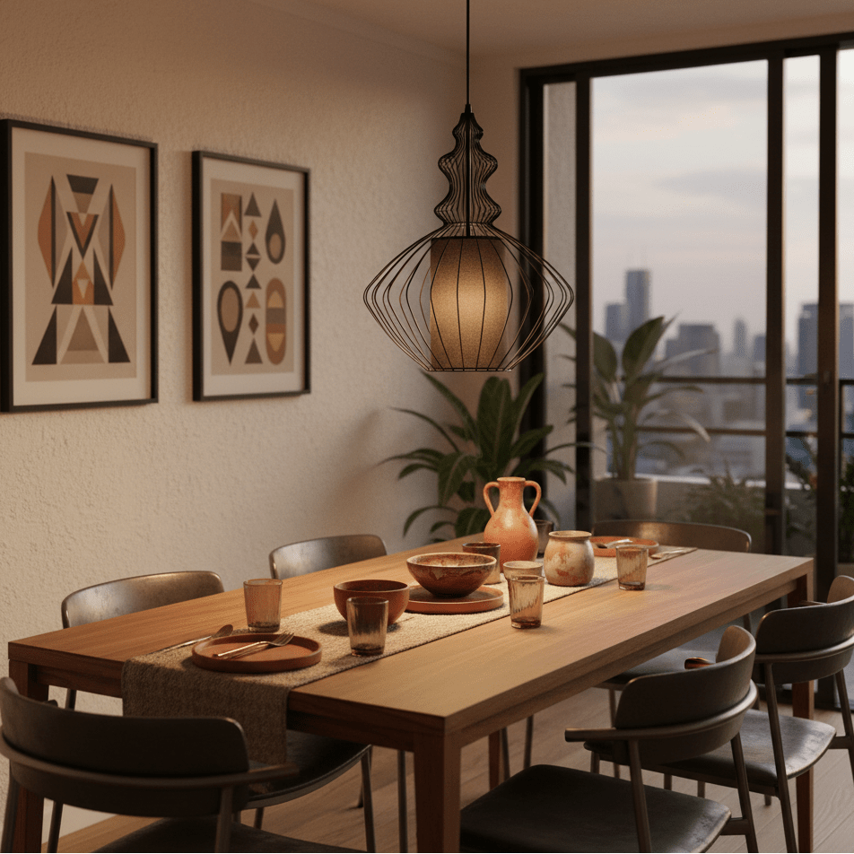 Tokyo 2 Black Wire Frame Pendant light hanging over a dining table set with dishes and glasses, surrounded by plants.