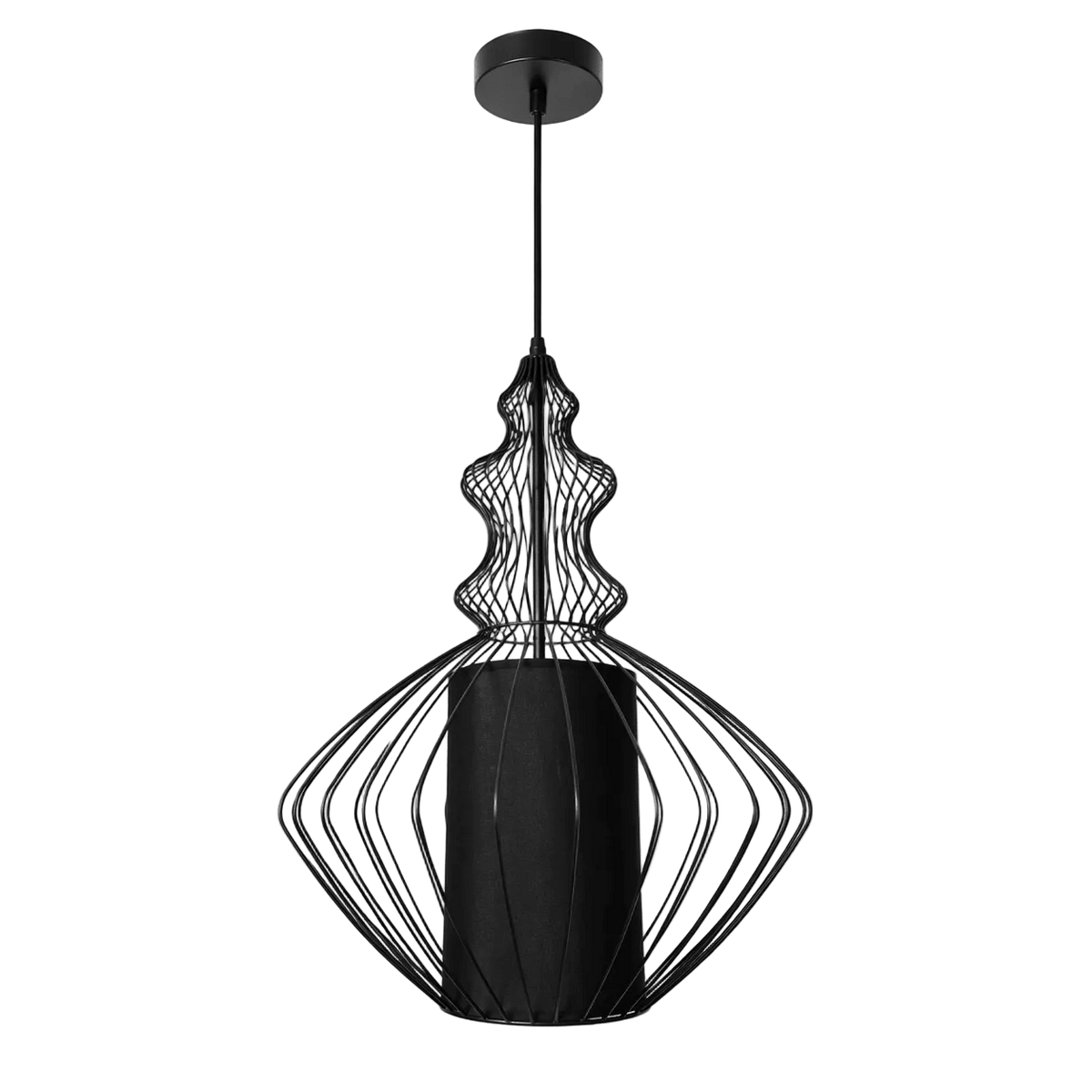 Black wire frame pendant light with a cylindrical center and decorative top, suspended from a ceiling mount.