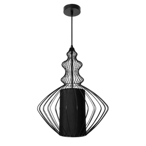 Black wire frame pendant light with a cylindrical center and decorative top, suspended from a ceiling mount.