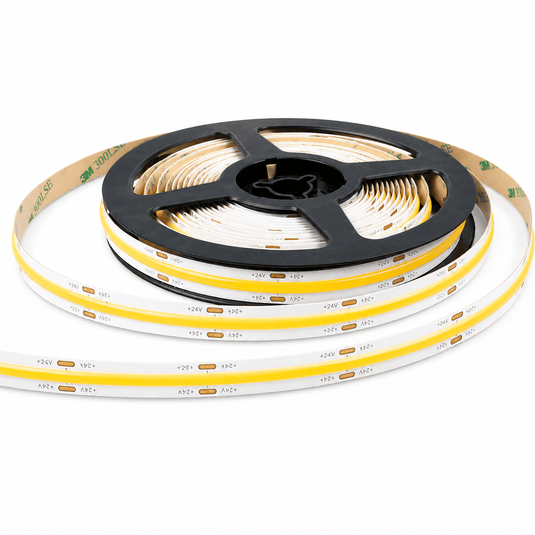 Seamless 24V COB strip light on a reel, showcasing flexible PCB design for indoor lighting.
