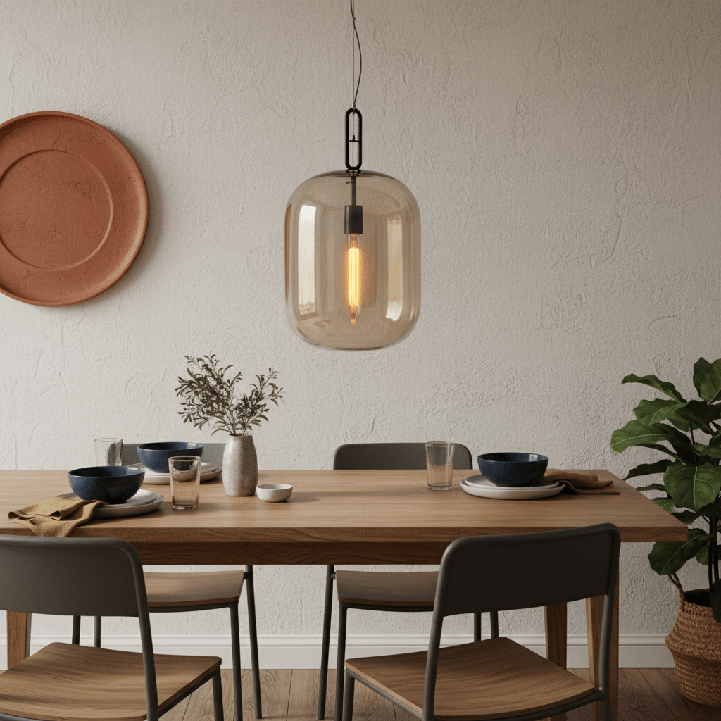 Metal pendant light with cognac glass shade hanging above a wooden dining table set with dishes and a plant.