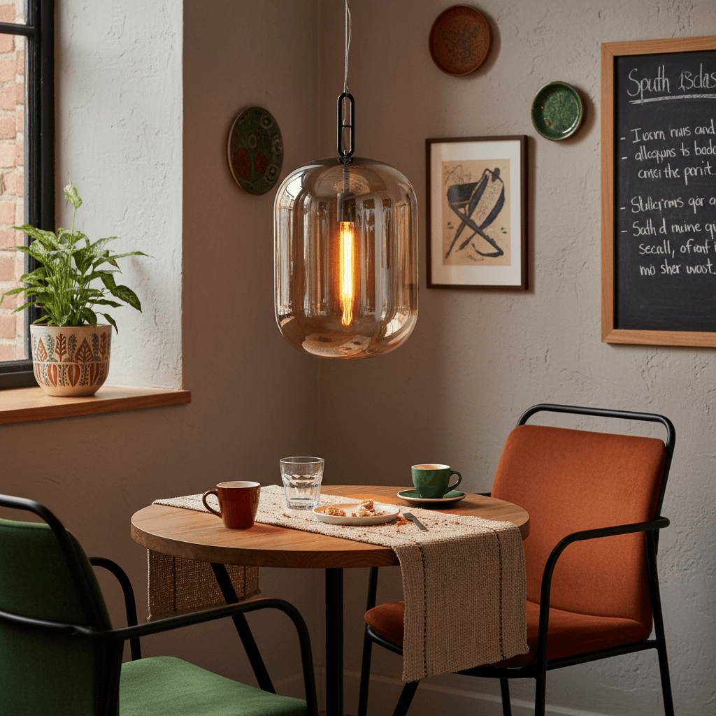 Metal pendant light with cognac glass shade hanging above a cozy dining table setting.