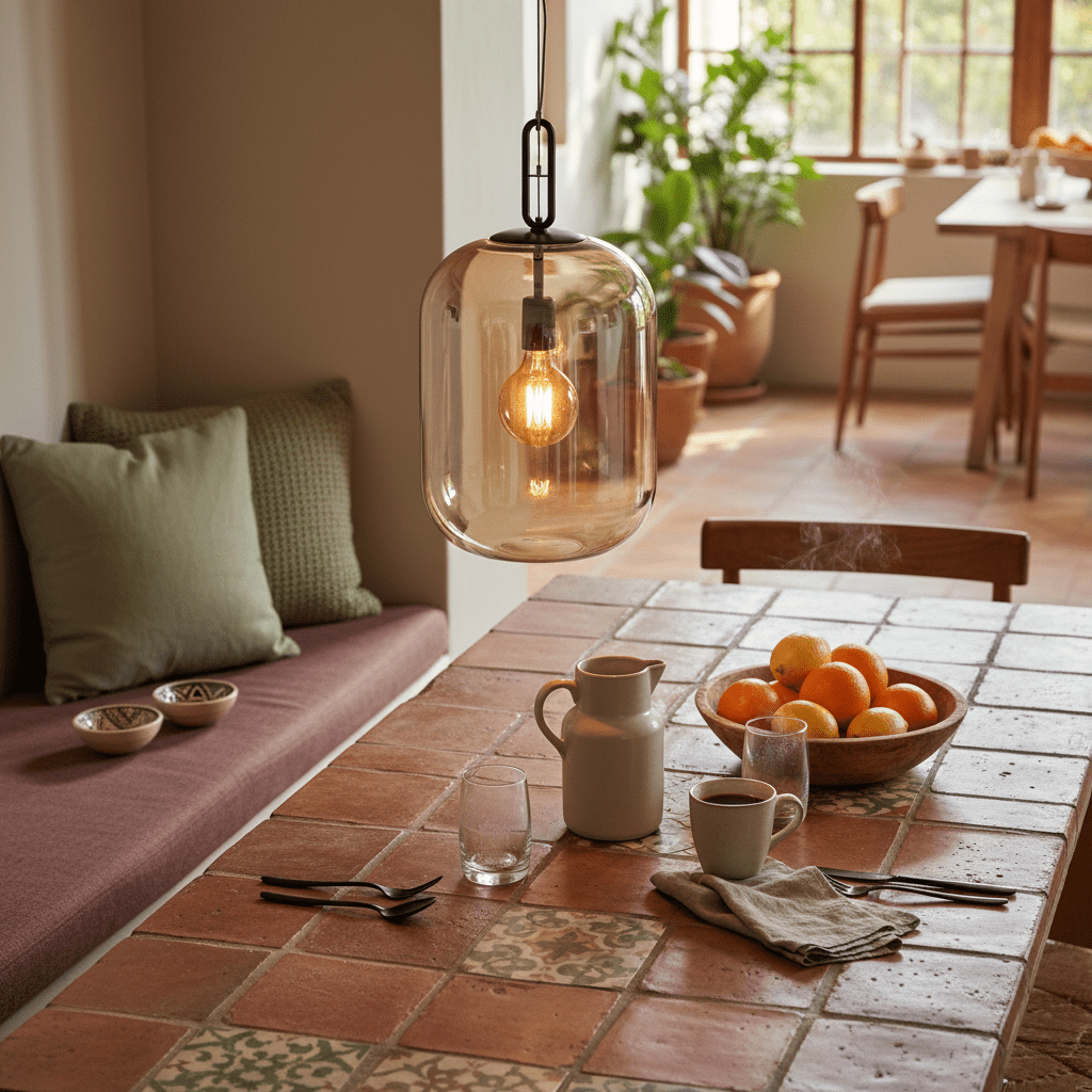 Metal pendant light with cognac glass shade hanging above a dining table set with fruit and drinks.