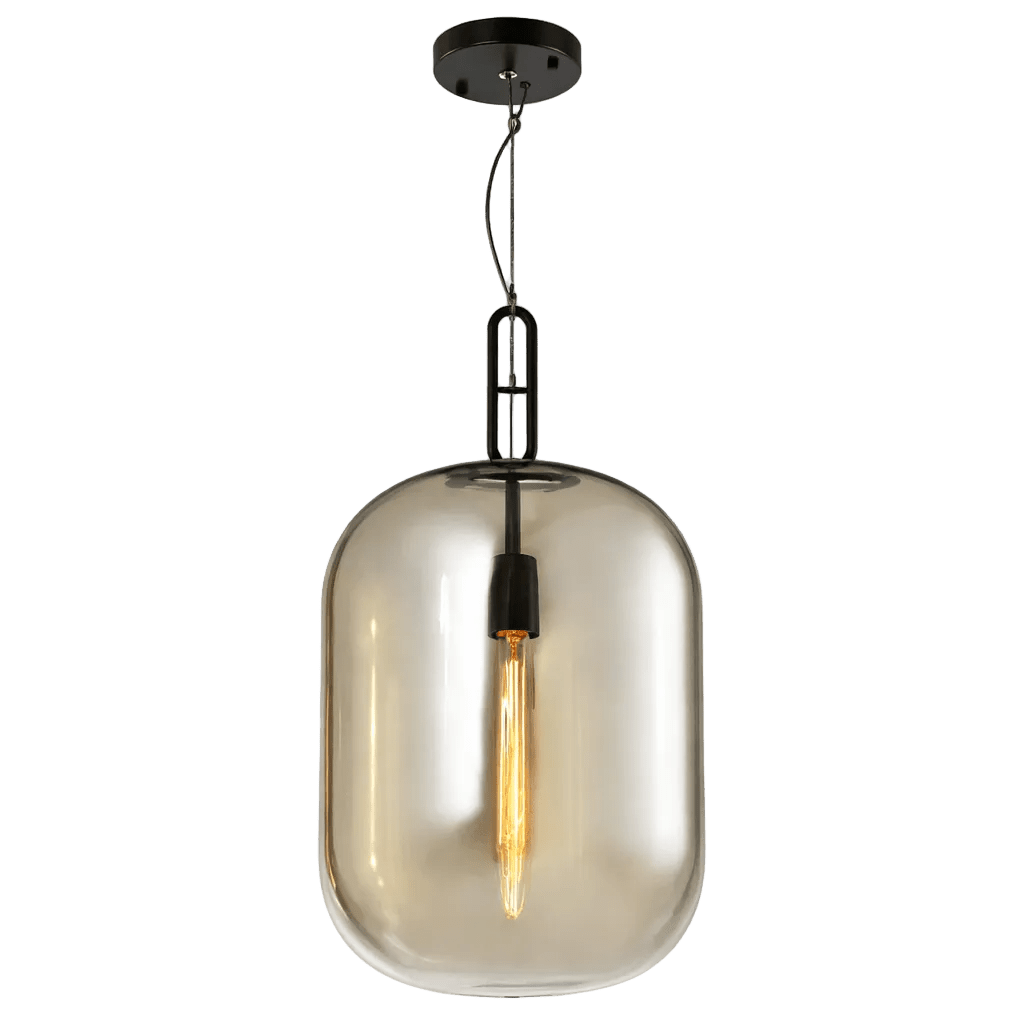 Metal pendant light with a cognac-colored glass shade, featuring a vintage-style bulb, suspended from a black ceiling mount.