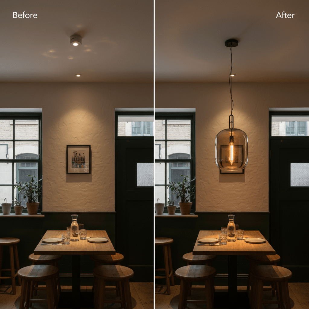 Before and after comparison of a dining area with a pendant light, showcasing warm illumination.