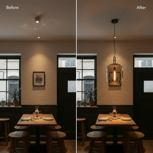 Before and after comparison of a dining area with a pendant light, showcasing warm illumination.