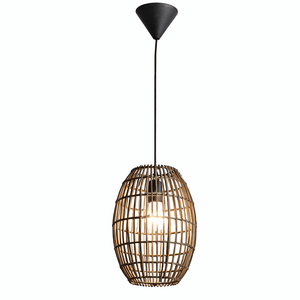 Pendant light with rattan shade and black fixture on a white background