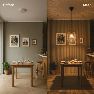 Before and after comparison of a dining area featuring the Twine Pendant Coffee light, showcasing its warm ambiance.
