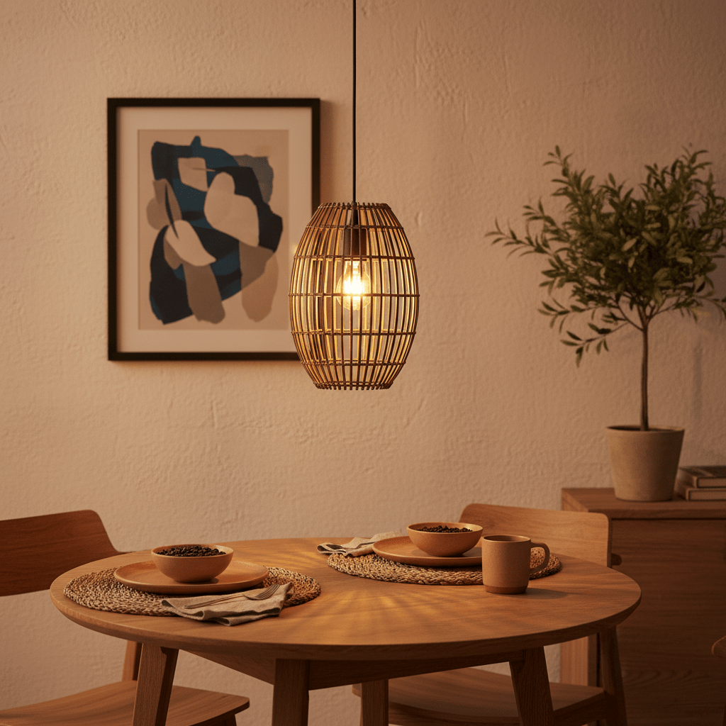 Twine Pendant Coffee light hanging above a wooden dining table set with bowls and cups, creating a warm ambiance.
