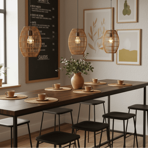 Three Twine Pendant Coffee lights hang above a wooden dining table set with cups and placemats.