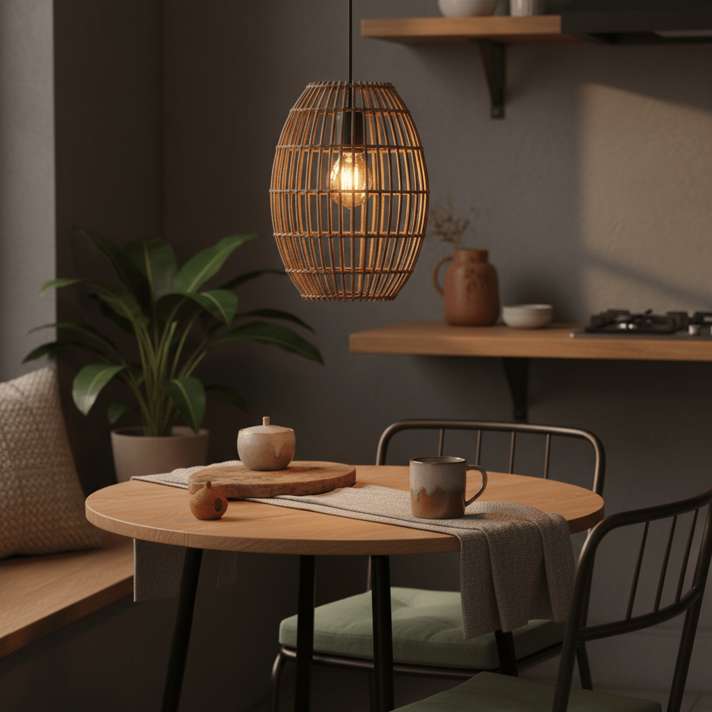 Twine Pendant Coffee light hanging above a wooden dining table with a plant and kitchen items in the background.