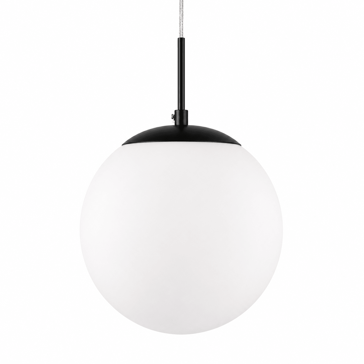 Spherical pendant light with black fixture on a white background
