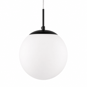 Spherical pendant light with black fixture on a white background