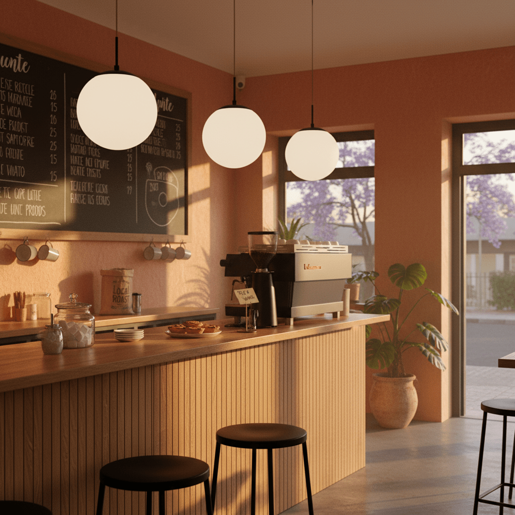 Pendant lights in a Cape Town kitchen, modern LED pendant over island, warm 3000K lighting, realistic South African open-plan interior, 800x800 composition with charcoal, timber and deep green accents