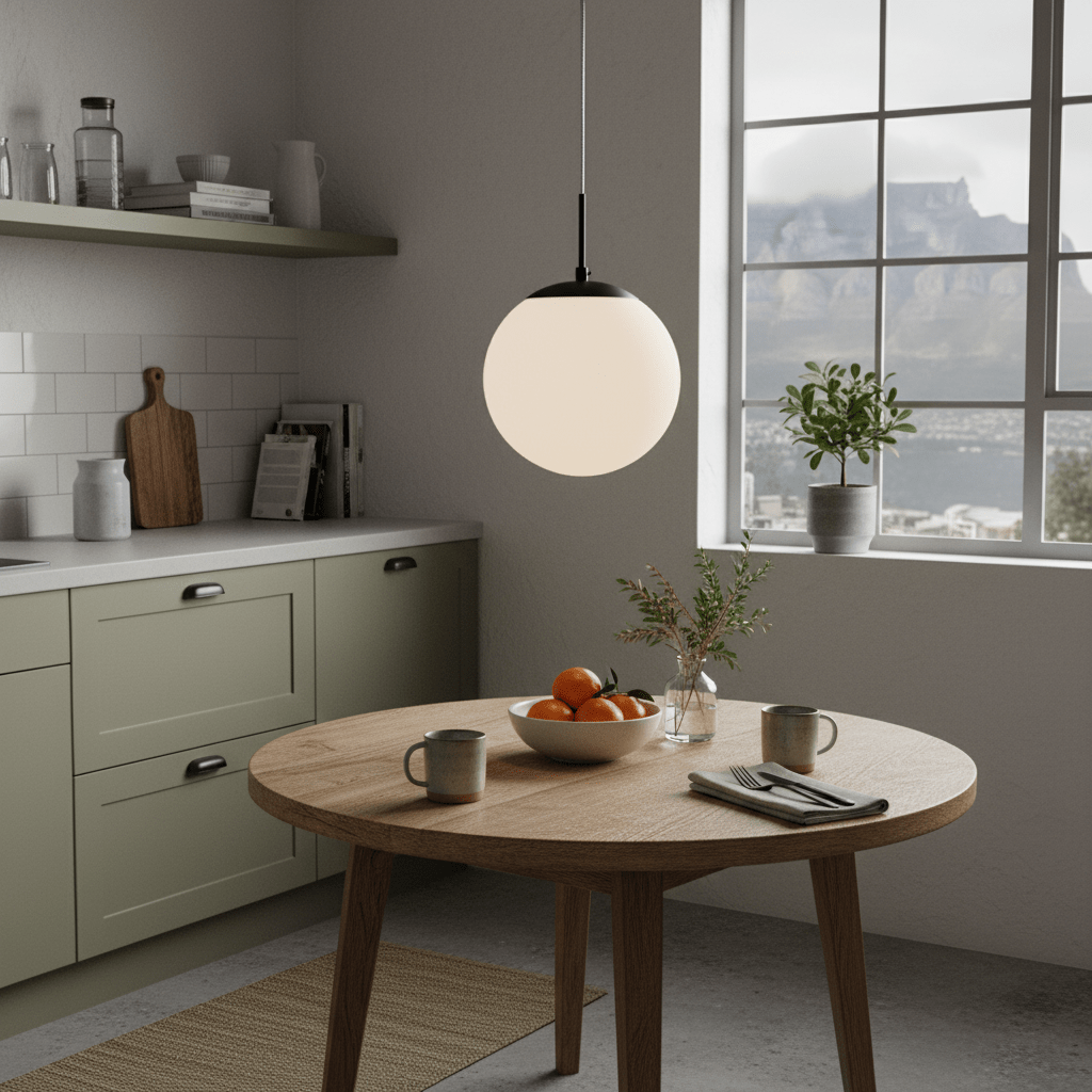Globe pendant light with opal glass shade hanging above a wooden dining table in a modern kitchen.